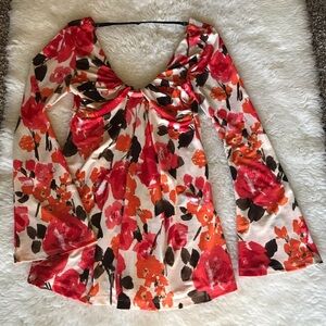 orange floral long sleeves blouse S-M